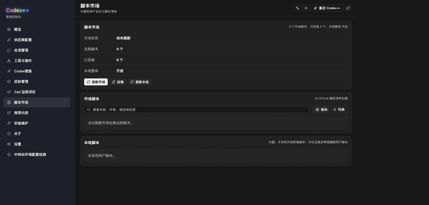 Codex++ 管理工具中的脚本市场页面